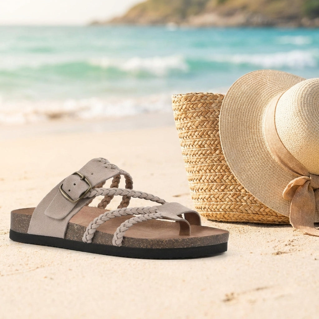 Sandalias Aisa Salcombe en la playa con bolso y sombrero de paja